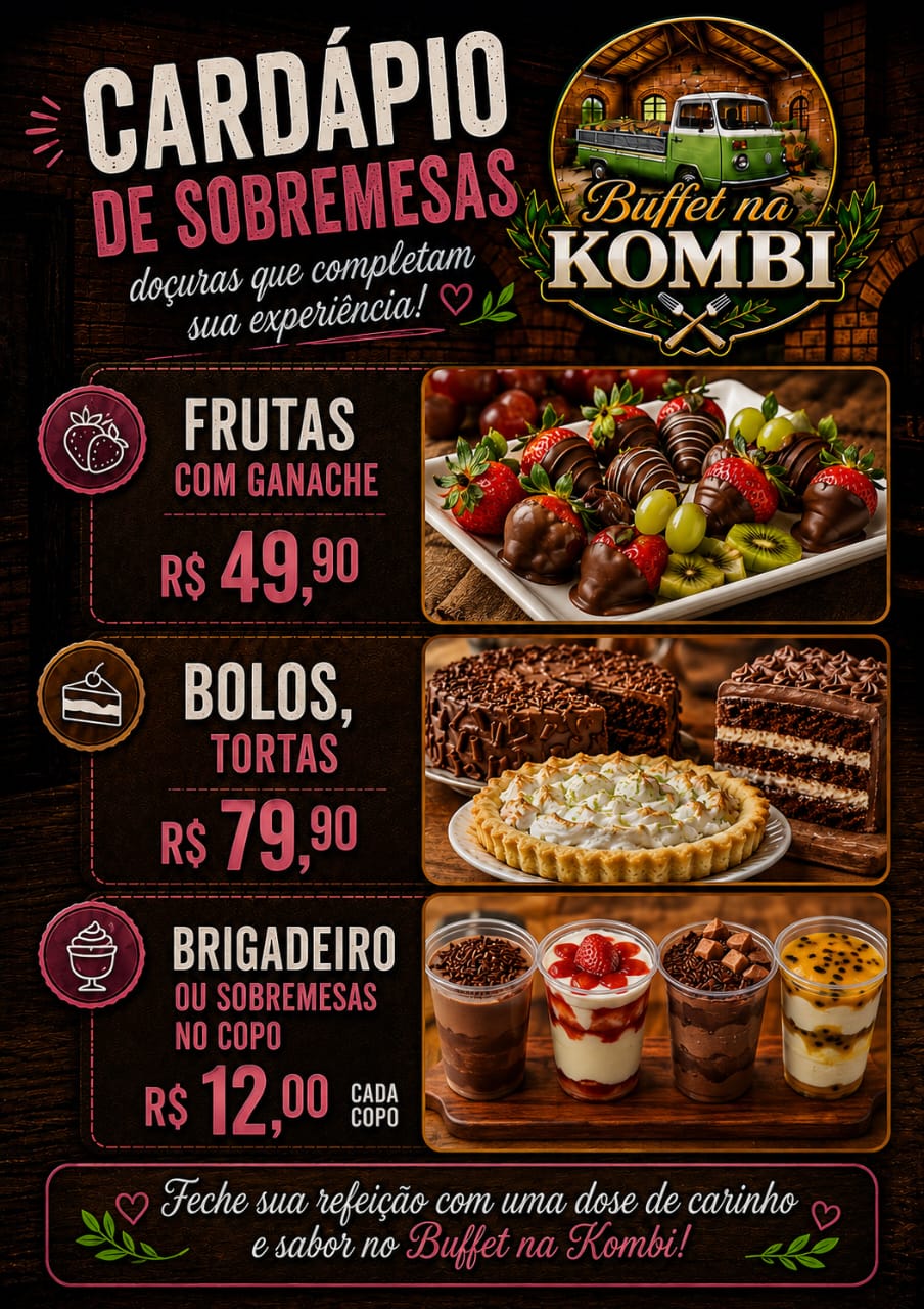 Cardápio de sobremesas do Buffet na Kombi